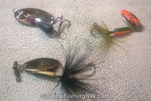 Trout Spinners - Panther Martin in the upper left, and 2 Rooster Tails